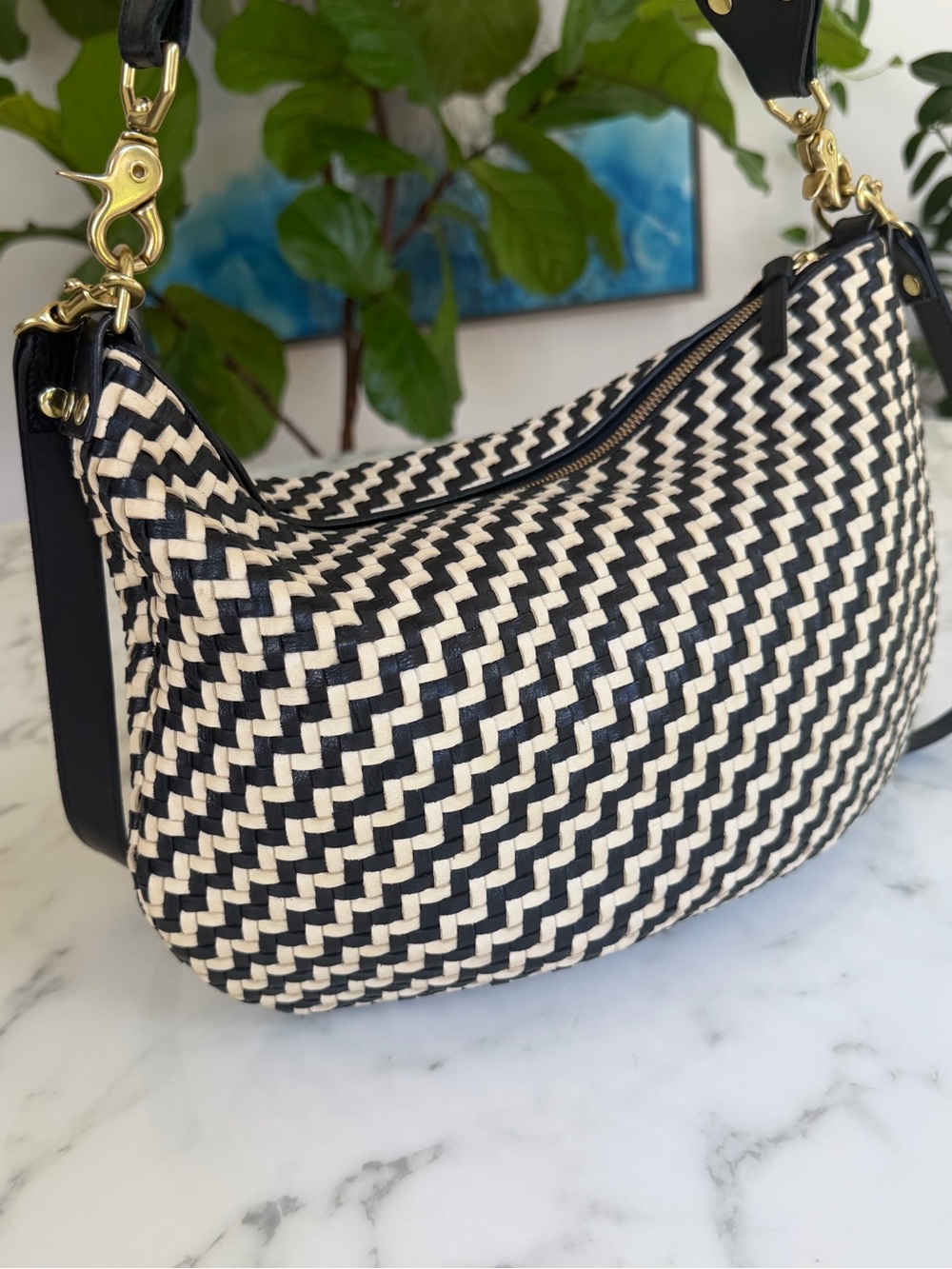 Clare V. Moyen Messenger Bag Black & Cream Woven Zig Zag Leather Crossbody - Picture 5 of 16